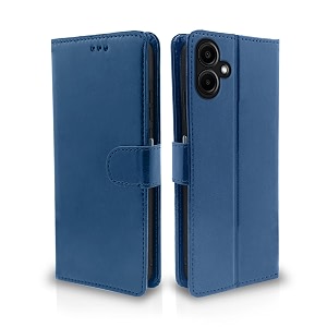 pikkme flip cover leather finish  inside tpu with card pockets  wallet stand and shock proof  complete protection flip case for samsung galaxy a06 blue