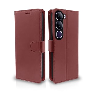 pikkme flip cover leather finish  inside tpu with card pockets  wallet stand and shock proof  complete protection flip case for vivo y300 5gbrown