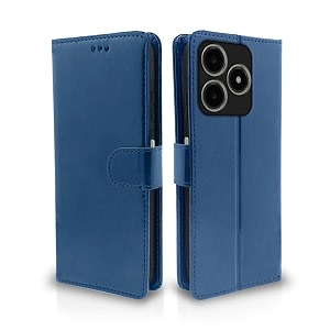 pikkme flip cover leather finish  inside tpu with card pockets  wallet stand and shock proof  complete protection flip case for realme c63 4g blue