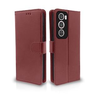 pikkme flip cover leather finish  inside tpu with card pockets  wallet stand and shock proof  complete protection flip case for oppo reno 12 pro 5g brown