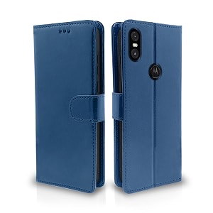 pikkme flip cover leather finish  inside tpu with card pockets  wallet stand and shock proof  complete protection flip case for moto one power blue