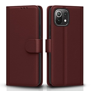 pikkme flip cover for mi 11 lite leather finish  shockproof with card pockets amp wallet stand  ultimate protection casebrown