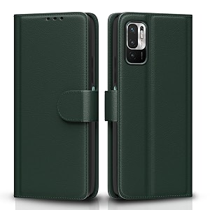 pikkme flip cover for mi redmi note 10t 5g  poco m3 pro 5g leather finish  inside tpu with card pockets  wallet stand and shock proof  complete protection flip case green