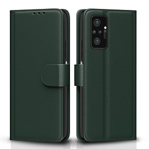 pikkme flip cover for mi redmi note 10 pronote 10 pro max leather finish  inside tpu with card pockets  wallet stand and shock proof  complete protection flip case green