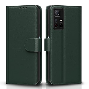 pikkme flip cover for mi redmi note 11t  poco m4 pro leather finish  inside tpu with card pockets  wallet stand and shock proof  complete protection flip case green