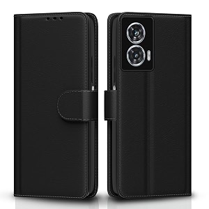 pikkme flip cover for moto g85 5g leather finish  inside tpu with card pockets  wallet stand and shock proof  complete protection flip caseblack
