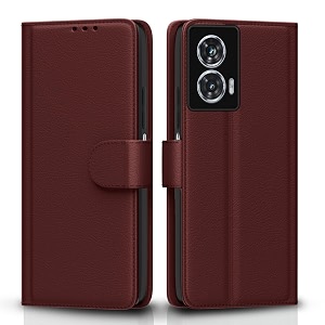 pikkme flip cover for moto g85 5g leather finish  inside tpu with card pockets  wallet stand and shock proof  complete protection flip casebrown