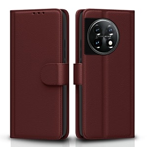 pikkme flip cover for oneplus 11 5g  leather finish  shockproof with card pockets amp wallet stand  ultimate protection casebrown