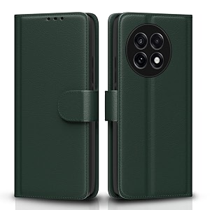 pikkme flip cover for oneplus 13r 5g leather finish  inside tpu with card pockets  wallet stand and shock proof  complete protection flip case green