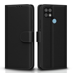 pikkme flip cover for oppo a15  a15s leather finish  shockproof with card pockets amp wallet stand  ultimate protection caseblack