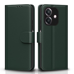 pikkme flip cover for oppo a3x 5g  a3x 4g  a3 5g leather finish  inside tpu with card pockets  wallet stand and shock proof  complete protection flip case green