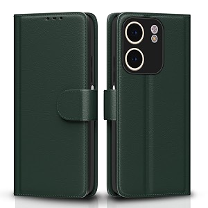 pikkme flip cover for oppo a5x leather finish  inside tpu with card pockets  wallet stand and shock proof  complete protection flip casegreen