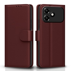 pikkme flip cover for oppo a6c leather finish  inside tpu with card pockets  wallet stand and shock proof  complete protection flip case brown