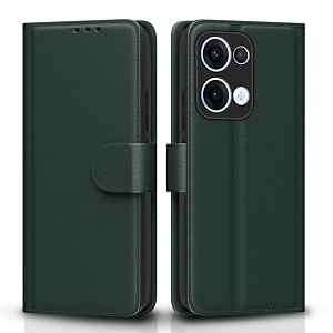 pikkme flip cover for oppo reno 13 5g leather finish  inside tpu with card pockets  wallet stand and shock proof  complete protection flip case green