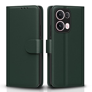 pikkme flip cover for oppo reno 13 pro 5g leather finish  inside tpu with card pockets  wallet stand and shock proof  complete protection flip case green