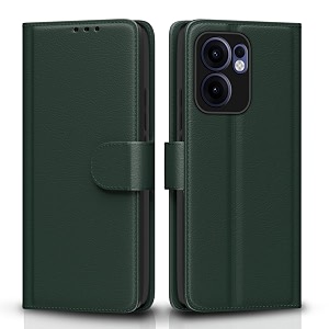 pikkme flip cover for oppo reno 13f 5g leather finish  inside tpu with card pockets  wallet stand and shock proof  complete protection flip case green
