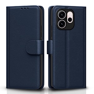 pikkme flip cover for oppo reno 15c 5g leather finish  inside tpu with card pockets  wallet stand and shock proof  complete protection flip case blue