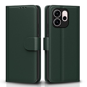pikkme flip cover for oppo reno 15c 5g leather finish  inside tpu with card pockets  wallet stand and shock proof  complete protection flip case green