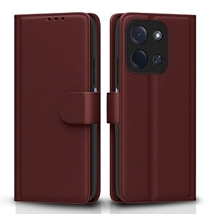 pikkme flip cover for poco c85 5g leather finish  inside tpu with card pockets  wallet stand and shock proof  complete protection flip case brown