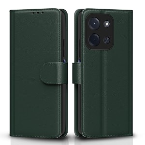 pikkme flip cover for poco c85 5g leather finish  inside tpu with card pockets  wallet stand and shock proof  complete protection flip case green