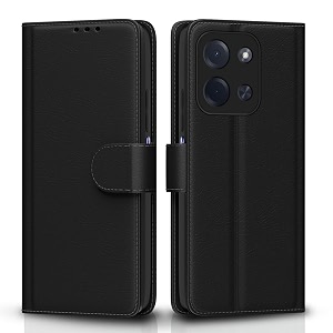 pikkme flip cover for poco c85 5g leather finish  inside tpu with card pockets  wallet stand and shock proof  complete protection flip case black