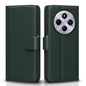 pikkme flip cover for poco m7 5g leather finish  inside tpu with card pockets  wallet stand and shock proof  complete protection flip case green