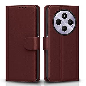 pikkme flip cover for poco m7 5g leather finish  inside tpu with card pockets  wallet stand and shock proof  complete protection flip case brown