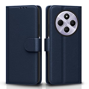 pikkme flip cover for poco m7 5g leather finish  inside tpu with card pockets  wallet stand and shock proof  complete protection flip case blue