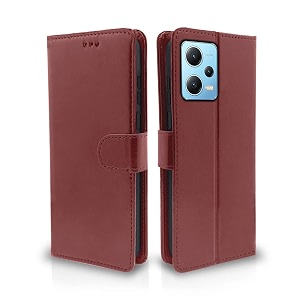pikkme flip cover for poco x5 5g  redmi note 12 5g  leather finish  shockproof with card pockets amp wallet stand  ultimate protection casebrown