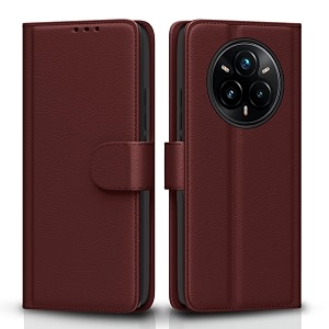 pikkme flip cover for realme 14 pro plus 5g leather finish  inside tpu with card pockets  wallet stand and shock proof  complete protection flip casebrown