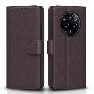 pikkme flip cover for realme 14 pro plus 5g leather finish  inside tpu with card pockets  wallet stand and shock proof  complete protection flip casecoffee