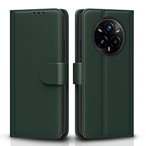 pikkme flip cover for realme 14 pro plus 5g leather finish  inside tpu with card pockets  wallet stand and shock proof  complete protection flip casegreen