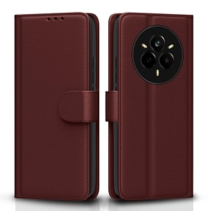 pikkme flip cover for realme 14 pro 5g  leather finish  shockproof with card pockets amp wallet stand  ultimate protection casebrown