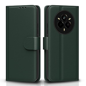 pikkme flip cover for realme 14 pro 5g  leather finish  shockproof with card pockets amp wallet stand  ultimate protection casegreen