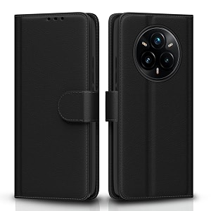 pikkme flip cover for realme 14 pro plus 5g leather finish  inside tpu with card pockets  wallet stand and shock proof  complete protection flip caseblack