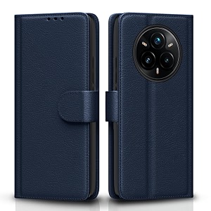 pikkme flip cover for realme 14 pro plus 5g leather finish  inside tpu with card pockets  wallet stand and shock proof  complete protection flip caseblue