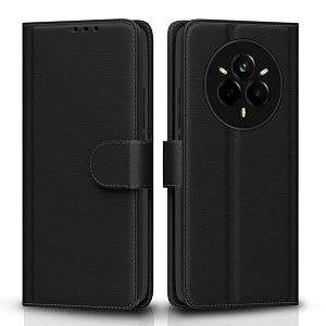 pikkme flip cover for realme 14 pro 5g  leather finish  shockproof with card pockets amp wallet stand  ultimate protection caseblack