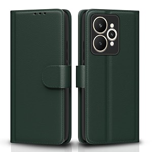 pikkme flip cover for realme 15 5g leather finish  inside tpu with card pockets  wallet stand and shock proof  complete protection flip casegreen
