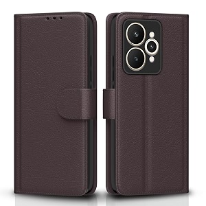 pikkme flip cover for realme 15 5g leather finish  inside tpu with card pockets  wallet stand and shock proof  complete protection flip casecoffee