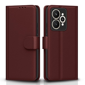 pikkme flip cover for realme 15 5g leather finish  inside tpu with card pockets  wallet stand and shock proof  complete protection flip casebrown