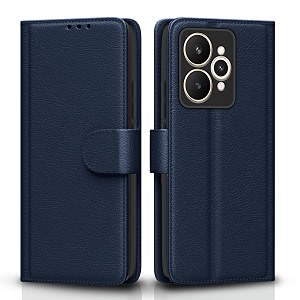 pikkme flip cover for realme 15 5g leather finish  inside tpu with card pockets  wallet stand and shock proof  complete protection flip caseblue