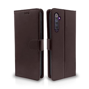 pikkme flip cover for realme 6 pro realme 6 pro  leather finish  shockproof with card pockets amp wallet stand  ultimate protection case coffee