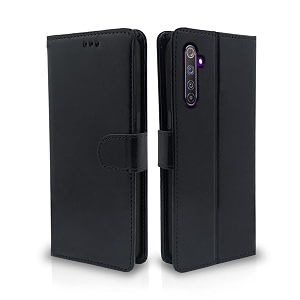 pikkme flip cover for realme 6 pro  leather finish  shockproof with card pockets amp wallet stand  ultimate protection caseblack