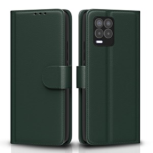 pikkme flip cover for realme 8 4g  8 pro leather finish  inside tpu with card pockets  wallet stand and shock proof  complete protection flip casegreen