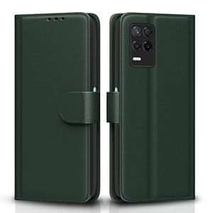 pikkme flip cover for realme 9 5g  8s 5g  8 5g  narzo 30 5g leather finish  inside tpu with card pockets  wallet stand and shock proof  complete protection flip casegreen
