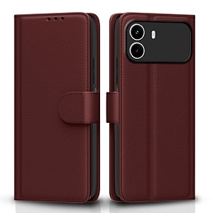 pikkme flip cover for realme c100i leather finish  inside tpu with card pockets  wallet stand and shock proof  complete protection flip case brown