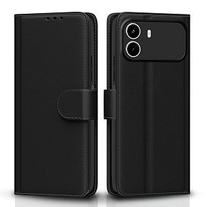 pikkme flip cover for realme c100i leather finish  inside tpu with card pockets  wallet stand and shock proof  complete protection flip case black