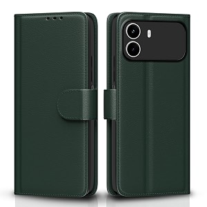 pikkme flip cover for realme c100i leather finish  inside tpu with card pockets  wallet stand and shock proof  complete protection flip case green