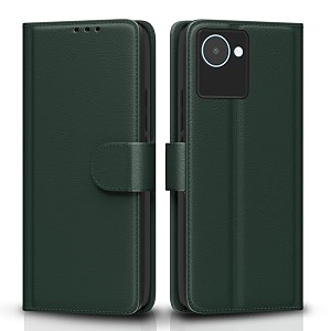 pikkme flip cover for realme c30  narzo 50i prime  leather finish  shockproof with card pockets amp wallet stand  ultimate protection case green