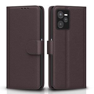 pikkme flip cover for realme c35 leather finish  shockproof with card pockets amp wallet stand  ultimate protection casecoffee